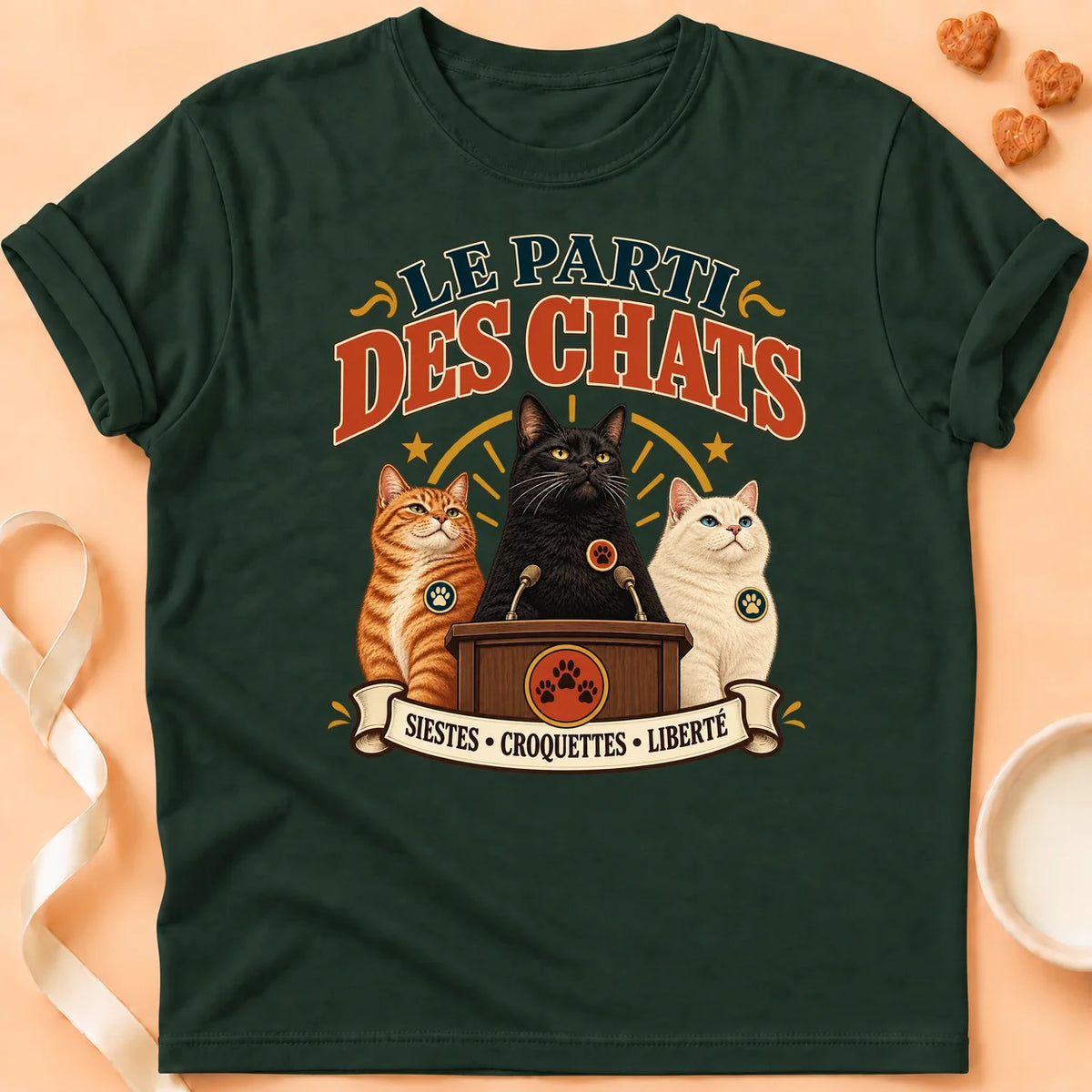 T-shirt chat Patoume – T-shirt Parti des chats – Vert sapin