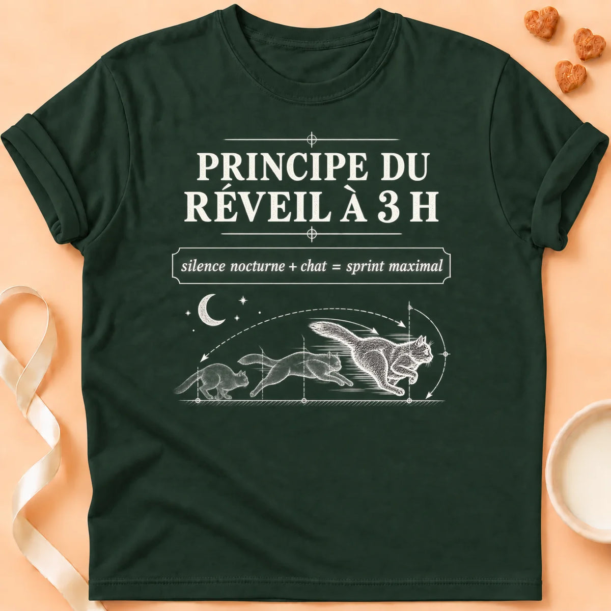 T-shirt chat Patoume – T-shirt Principe du réveil – Vert sapin