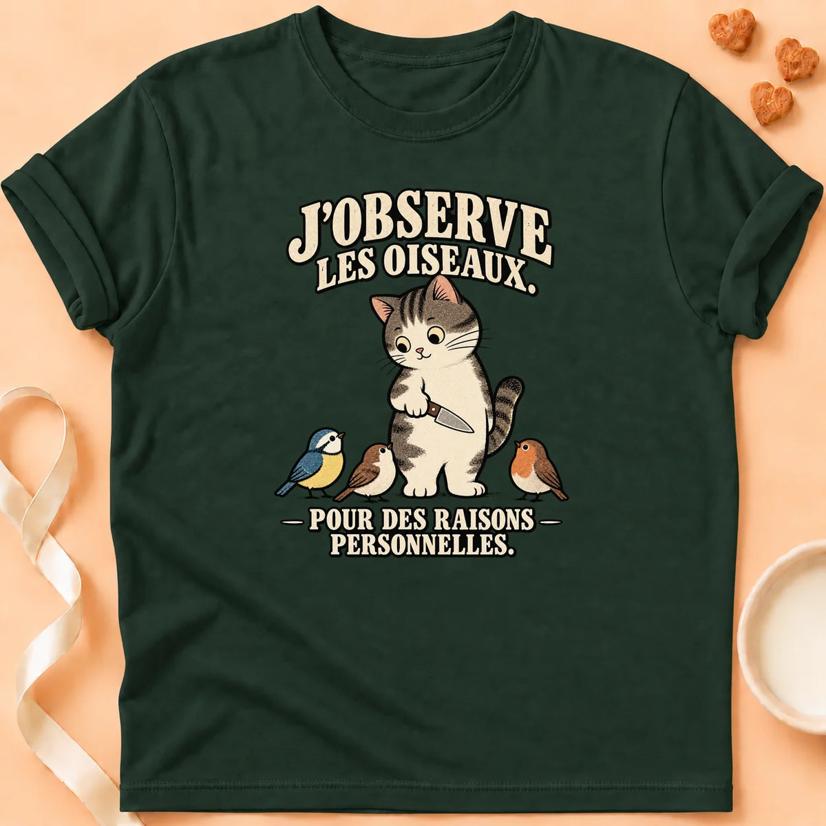 T-shirt chat Patoume – T-shirt J’observe – Vert sapin