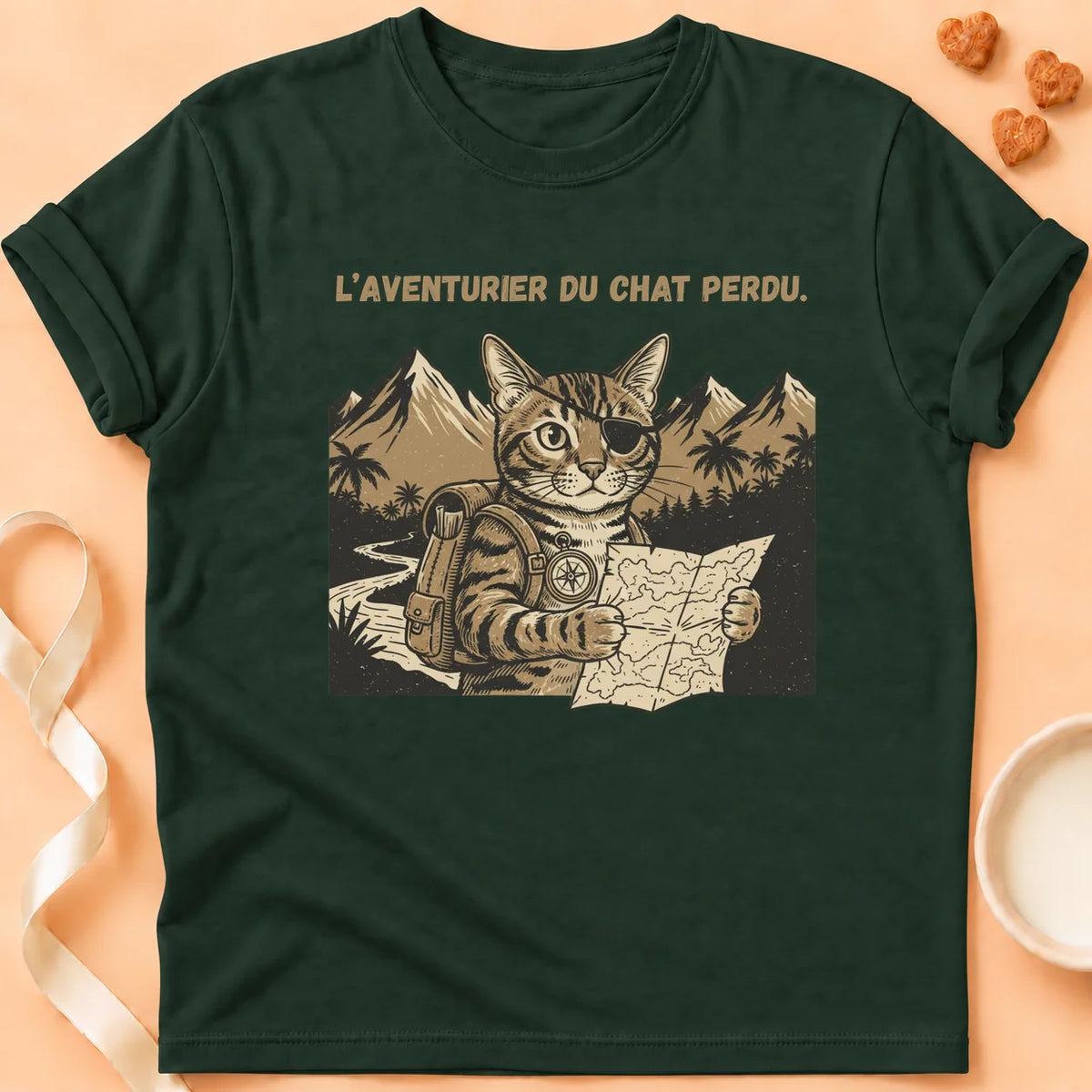 T-shirt chat Patoume – T-Shirt Aventurier – Vert sapin