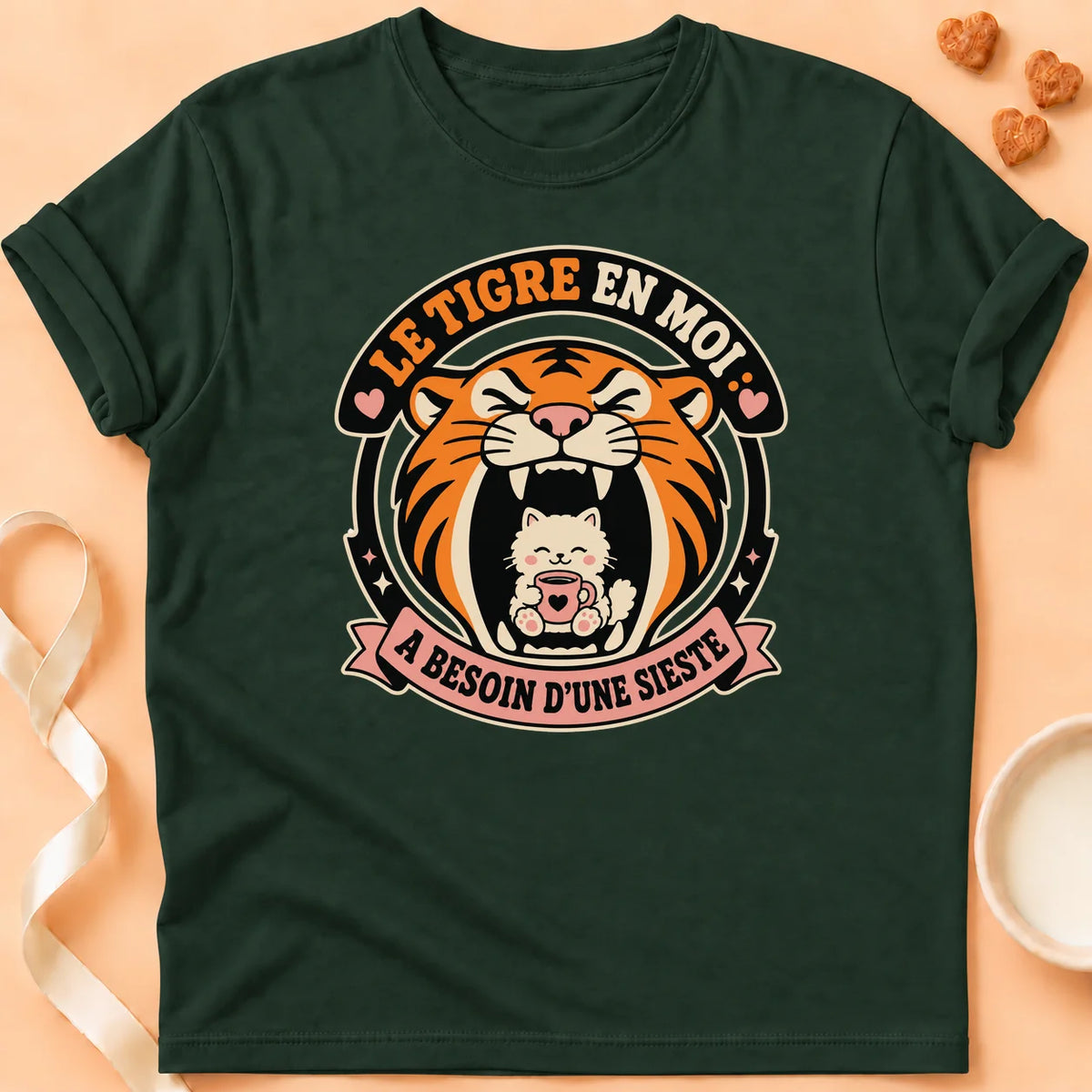 T-shirt chat Patoume – T-Shirt Sieste – Vert sapin