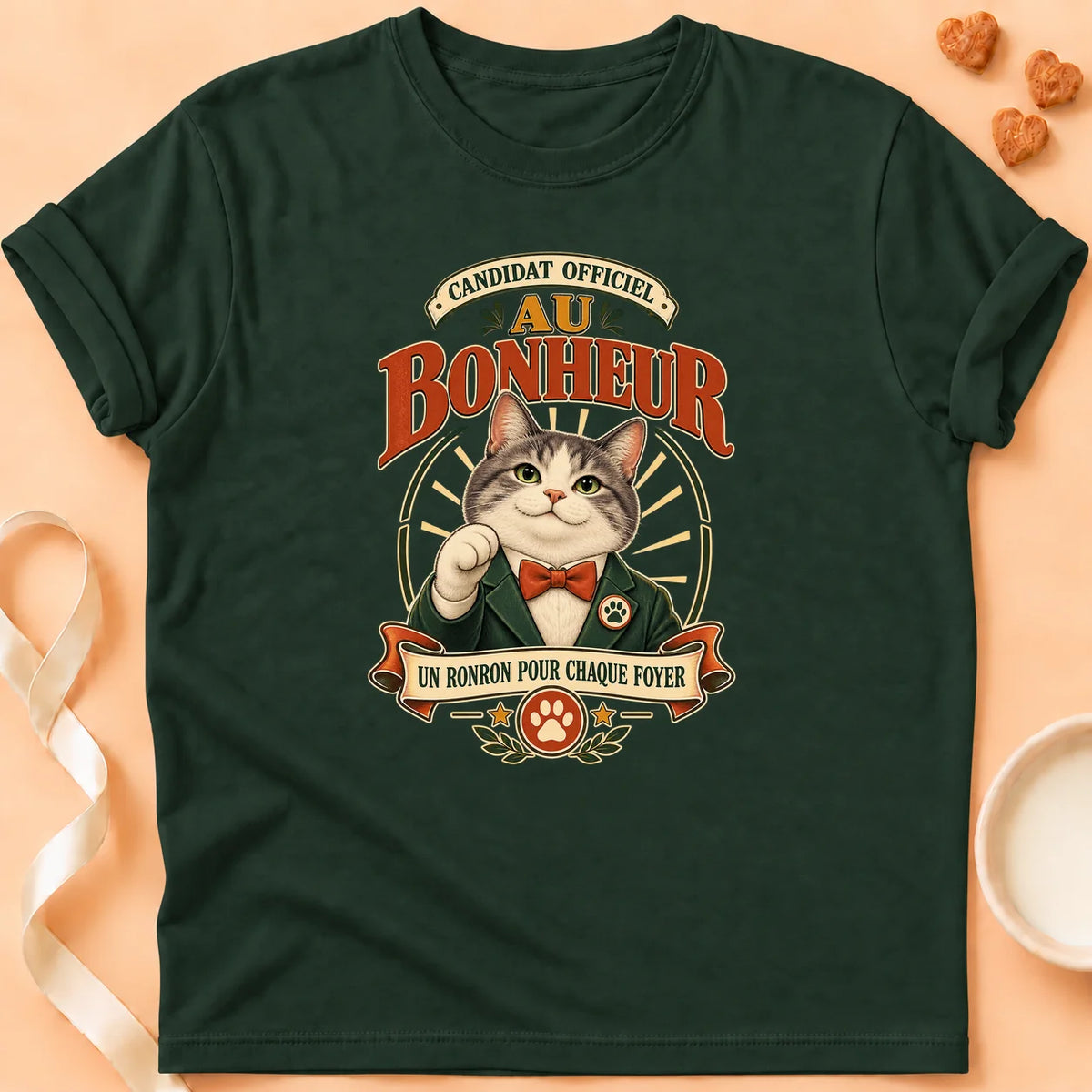 T-shirt chat Patoume – T-shirt Candidat au bonheur – Vert sapin