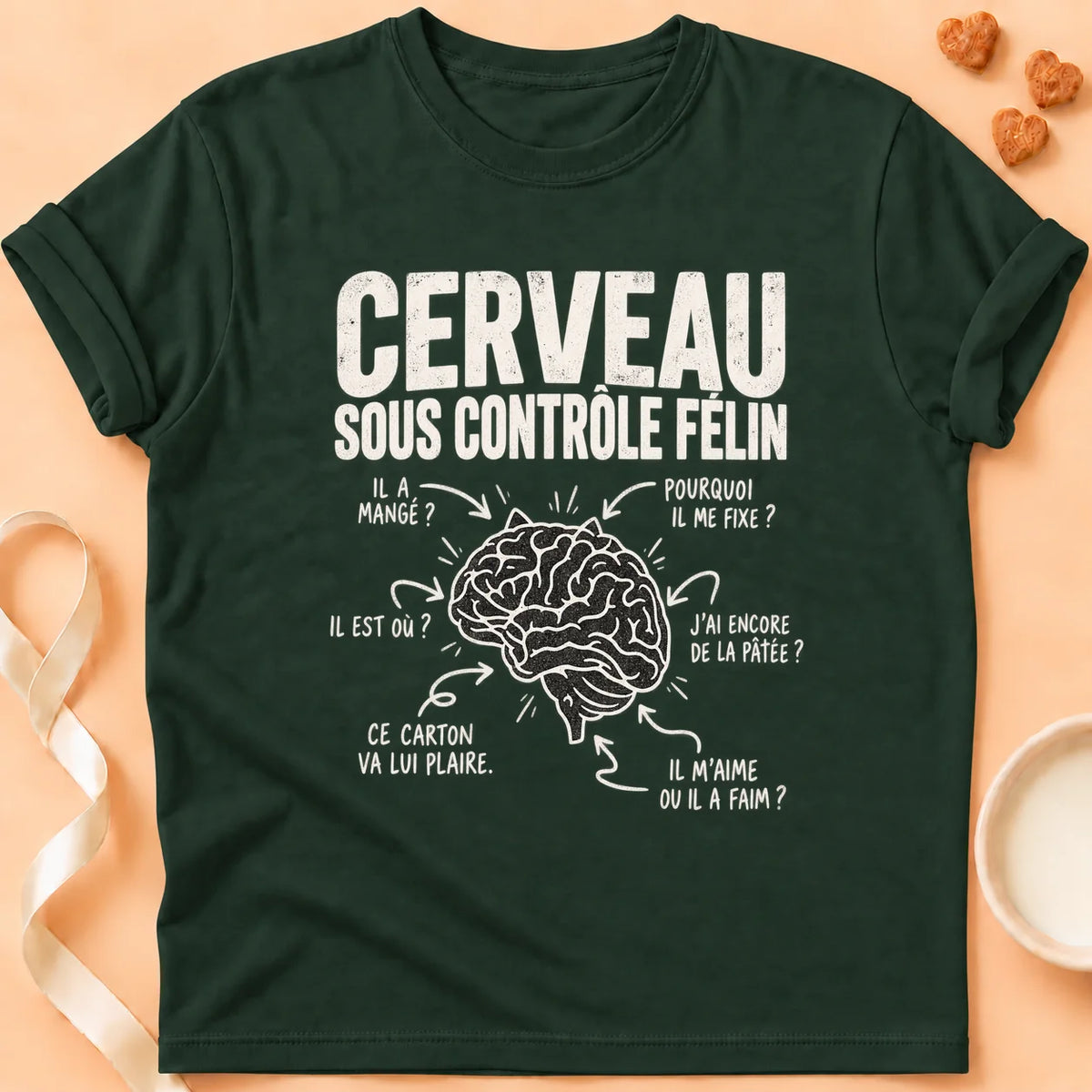 T-shirt chat Patoume – T-shirt Cerveau félin – Vert sapin