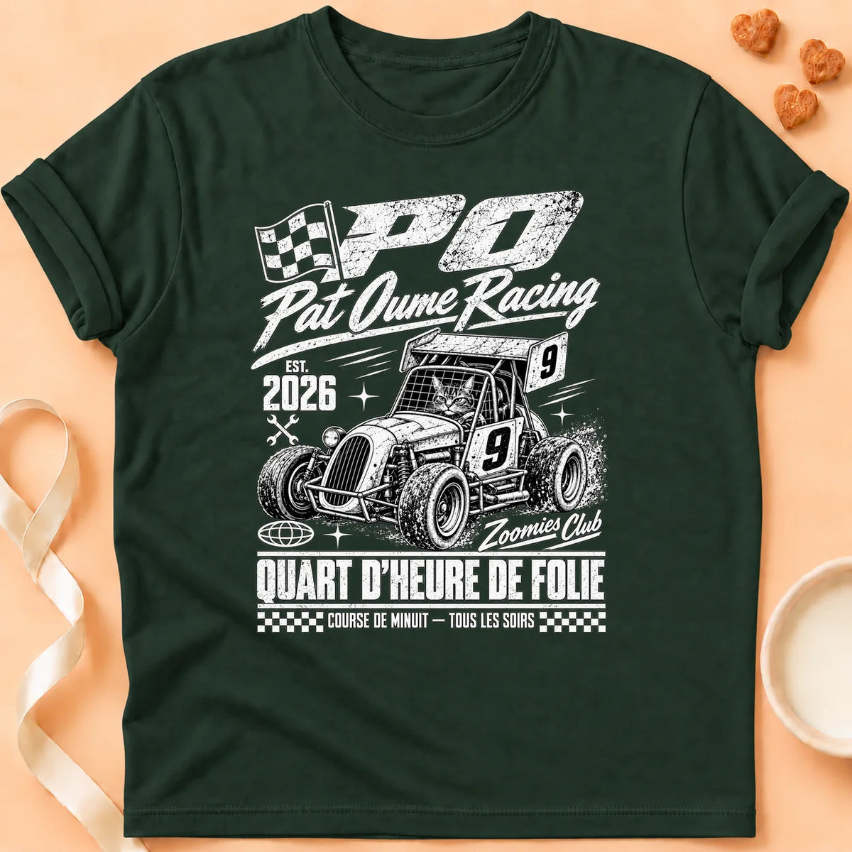 T-shirt chat Patoume – T-shirt Patoume racing – Vert sapin