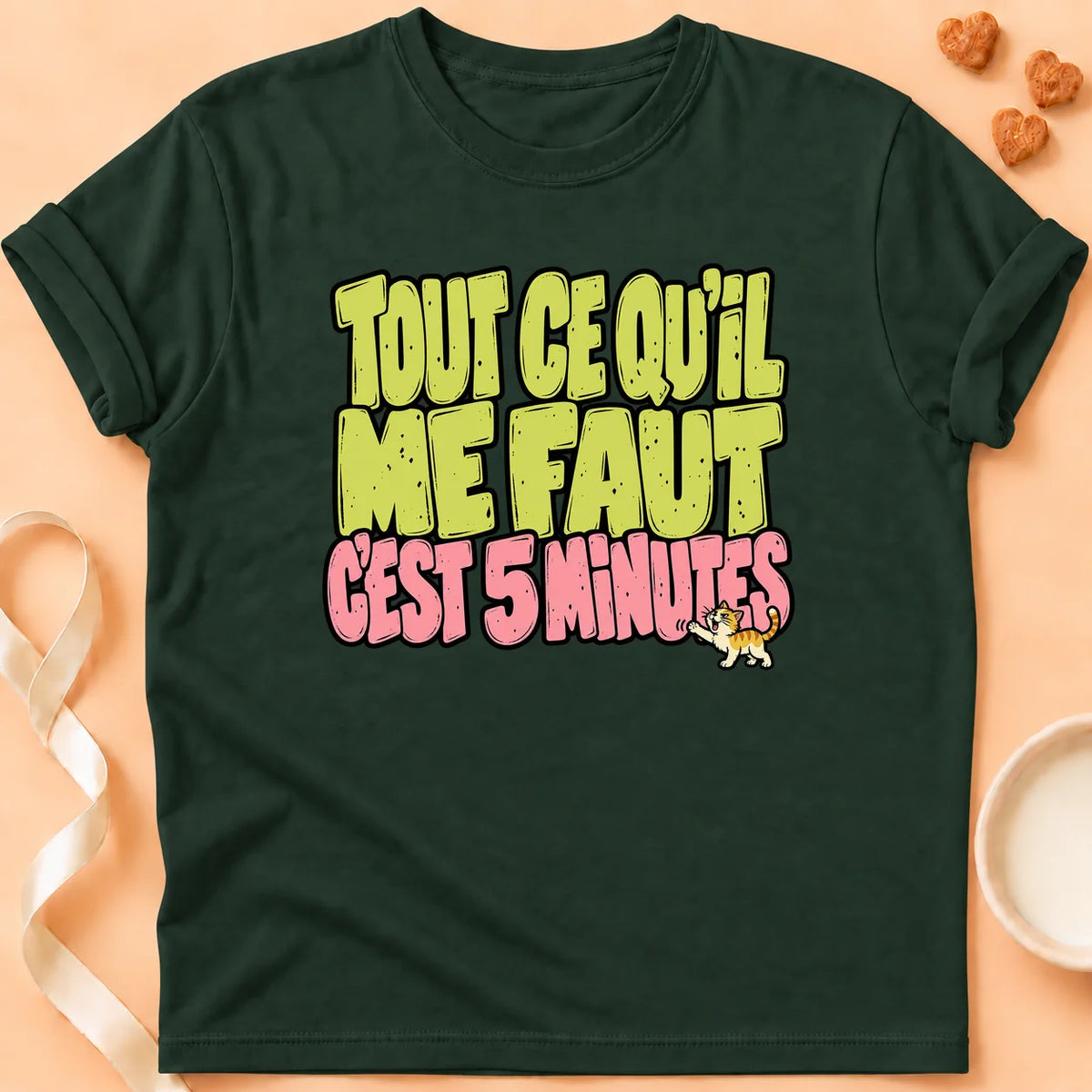 T-shirt chat Patoume – T-shirt Que 5 minutes – Vert sapin