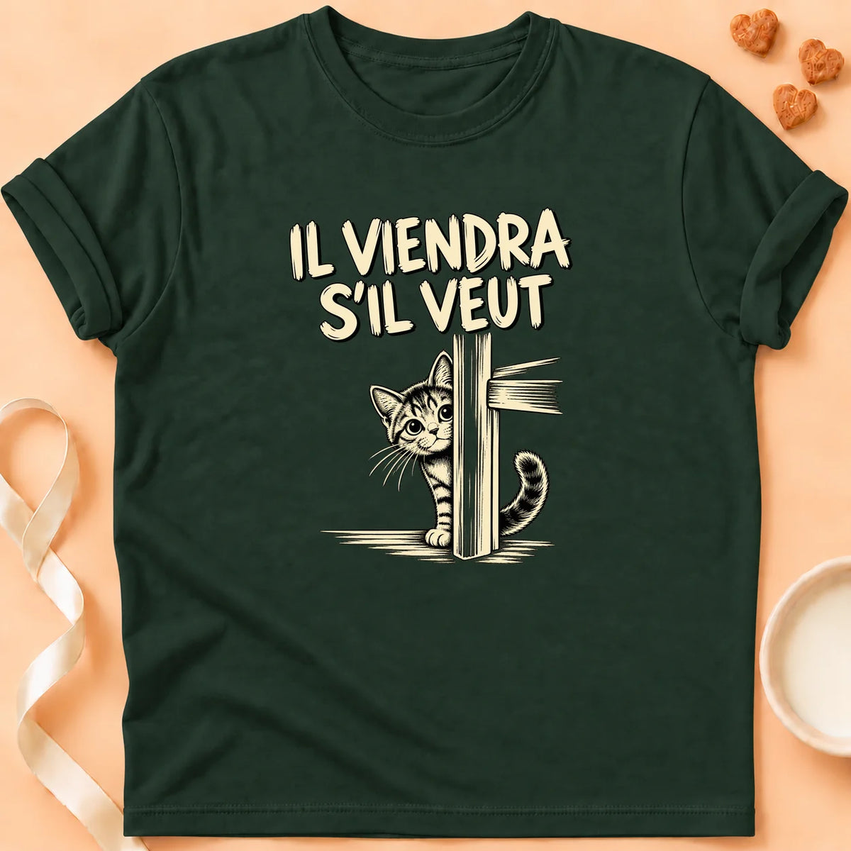 T-shirt chat Patoume – T-shirt Il viendra s’il veut – Vert sapin