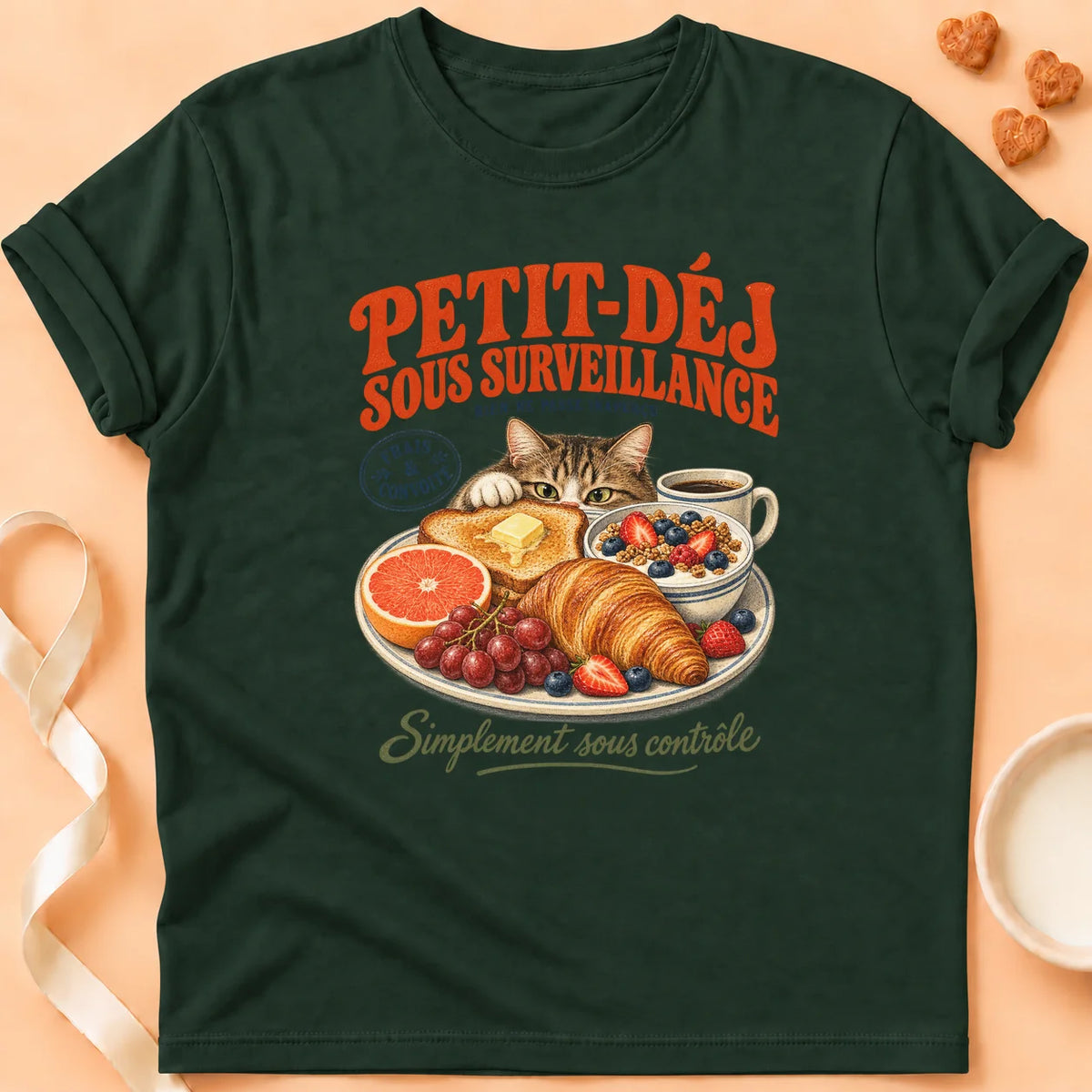 T-shirt chat Patoume – T-shirt Petit déj – Vert sapin