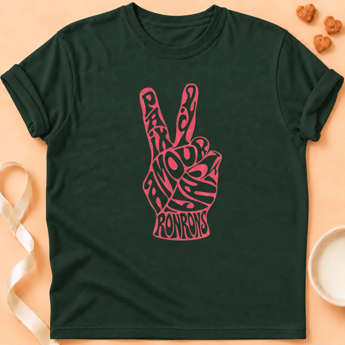 T-shirt chat Patoume – T-shirt Paix amour ronrons – Vert sapin