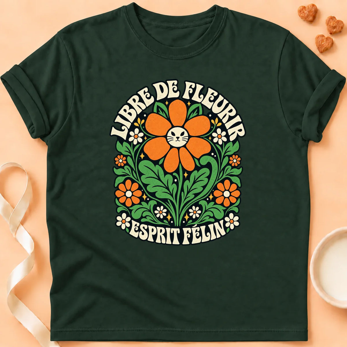 T-shirt chat Patoume – T-shirt Libre de fleurir – Vert sapin