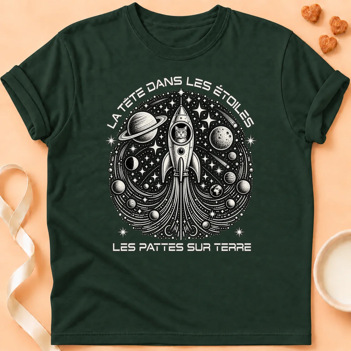 T-shirt chat Patoume – T-shirt Dans les étoiles – Vert sapin