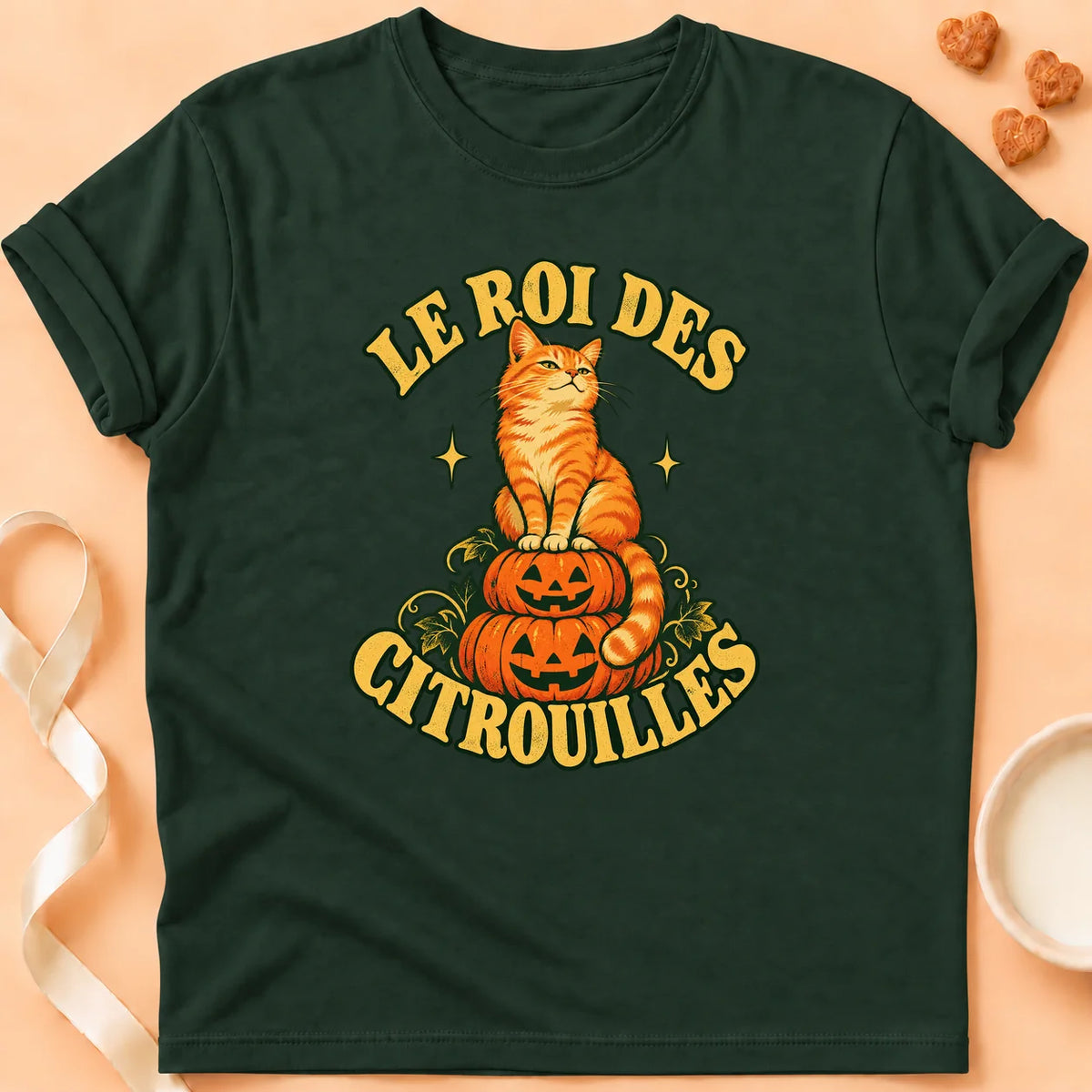 T-shirt chat Patoume – T-shirt Le roi des citrouilles – Vert sapin