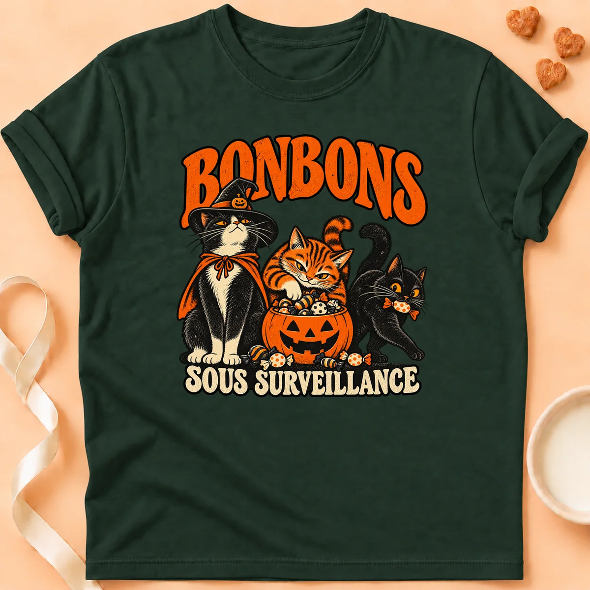 T-shirt chat Patoume – T-shirt Bonbons sous surveillance – Vert sapin