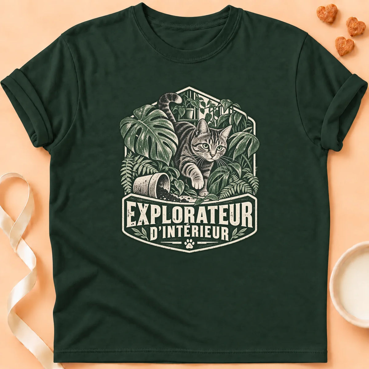 T-shirt chat Patoume – T-shirt Explorateur d’intérieur – Vert sapin
