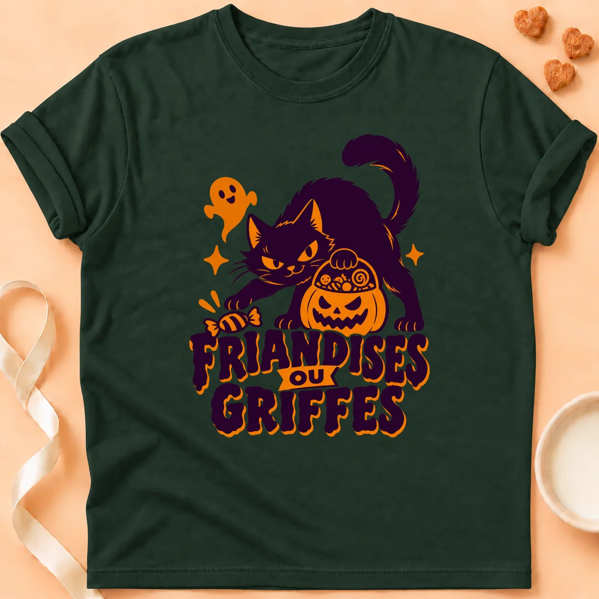 T-shirt chat Patoume – T-shirt Friandises ou griffes – Vert sapin