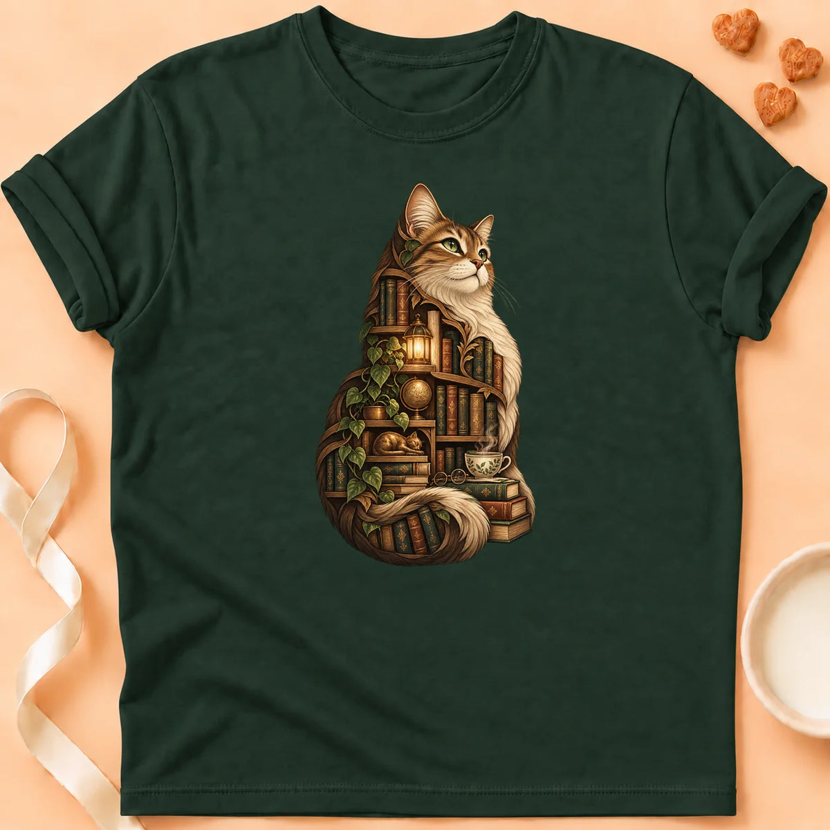 T-shirt chat Patoume – T-shirt Chat Lecteur – Vert sapin