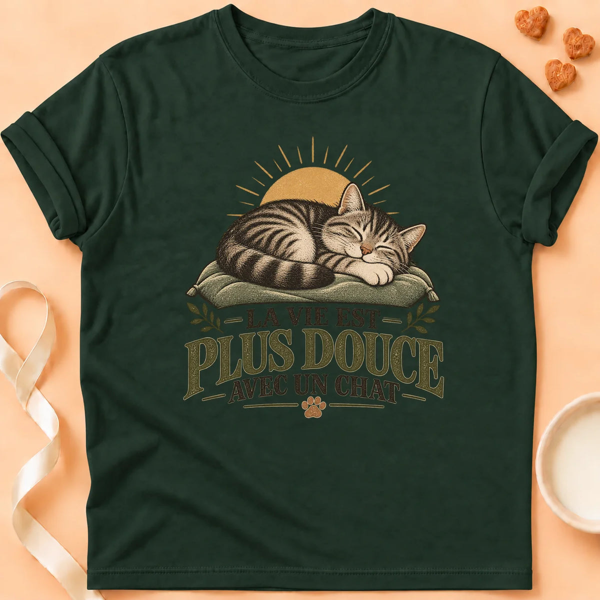 T-shirt chat Patoume – T-shirt Vie douce – Vert sapin
