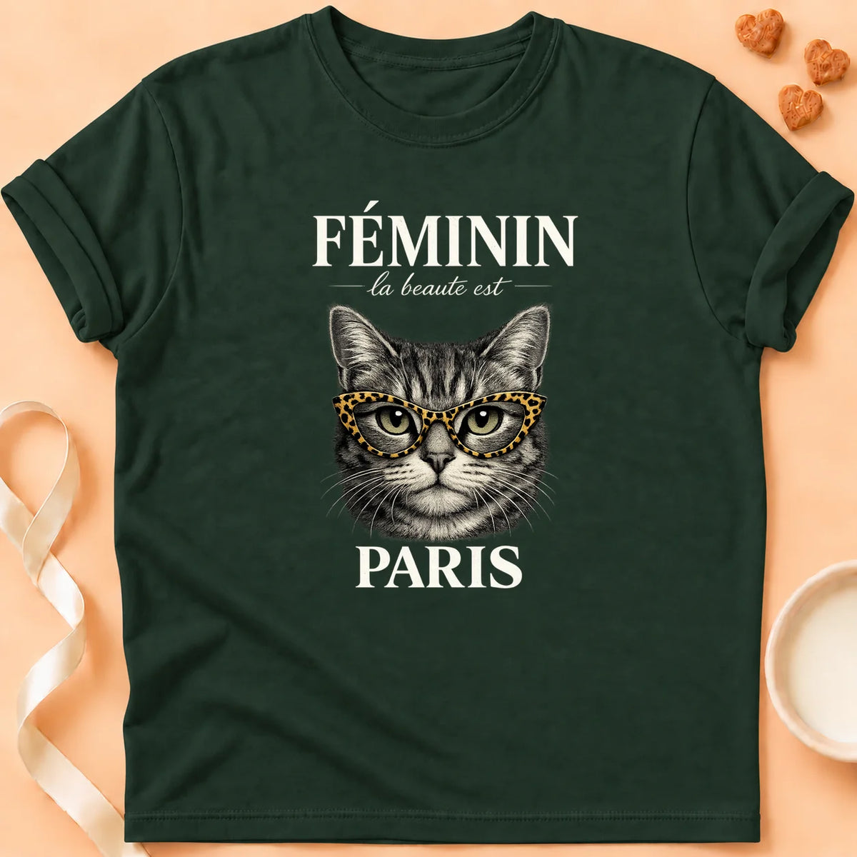 T-shirt chat Patoume – T-Shirt Paris – Vert sapin