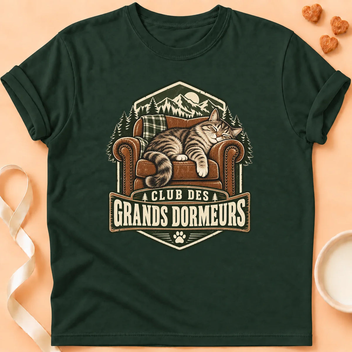T-shirt chat Patoume – T-shirt Grand dormeur – Vert sapin