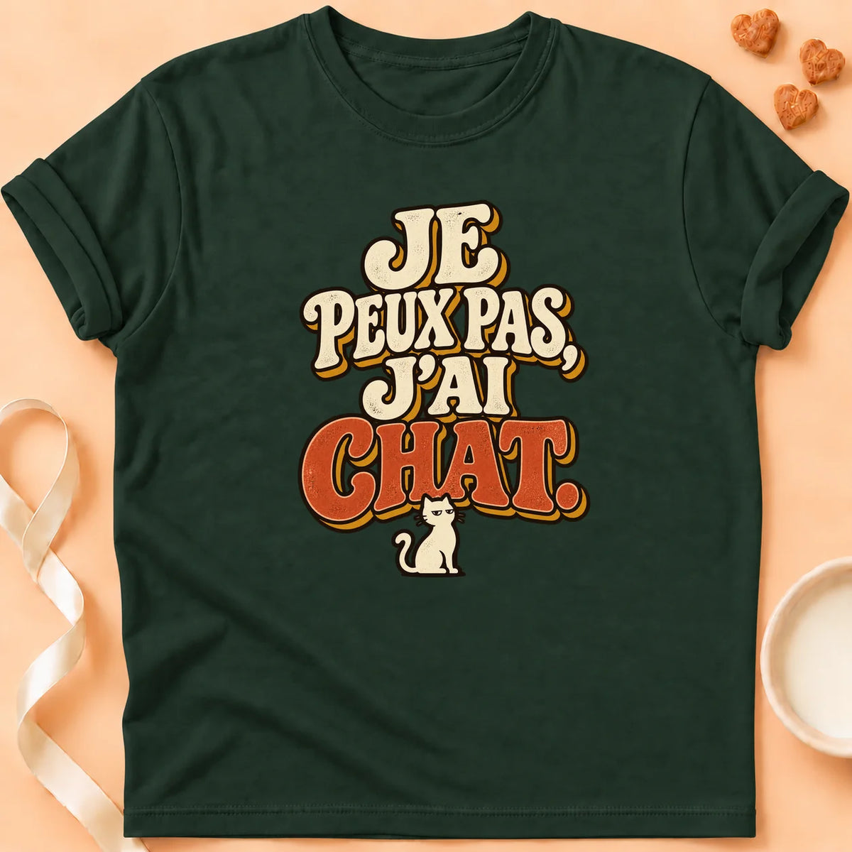 T-shirt chat Patoume – T-shirt Je peux pas j'ai chat – Vert sapin