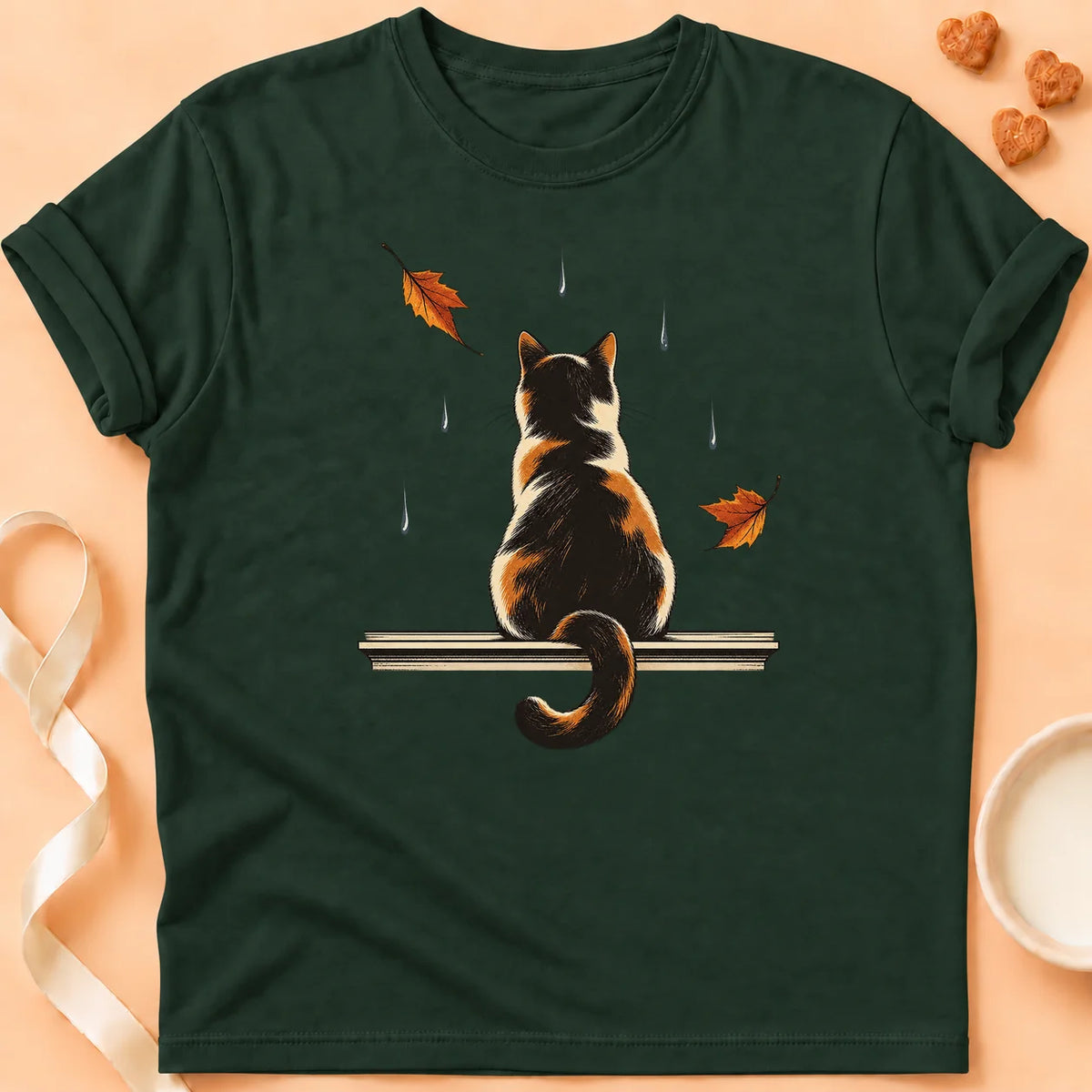 T-shirt chat Patoume – T-shirt Fenêtre pluie – Vert sapin