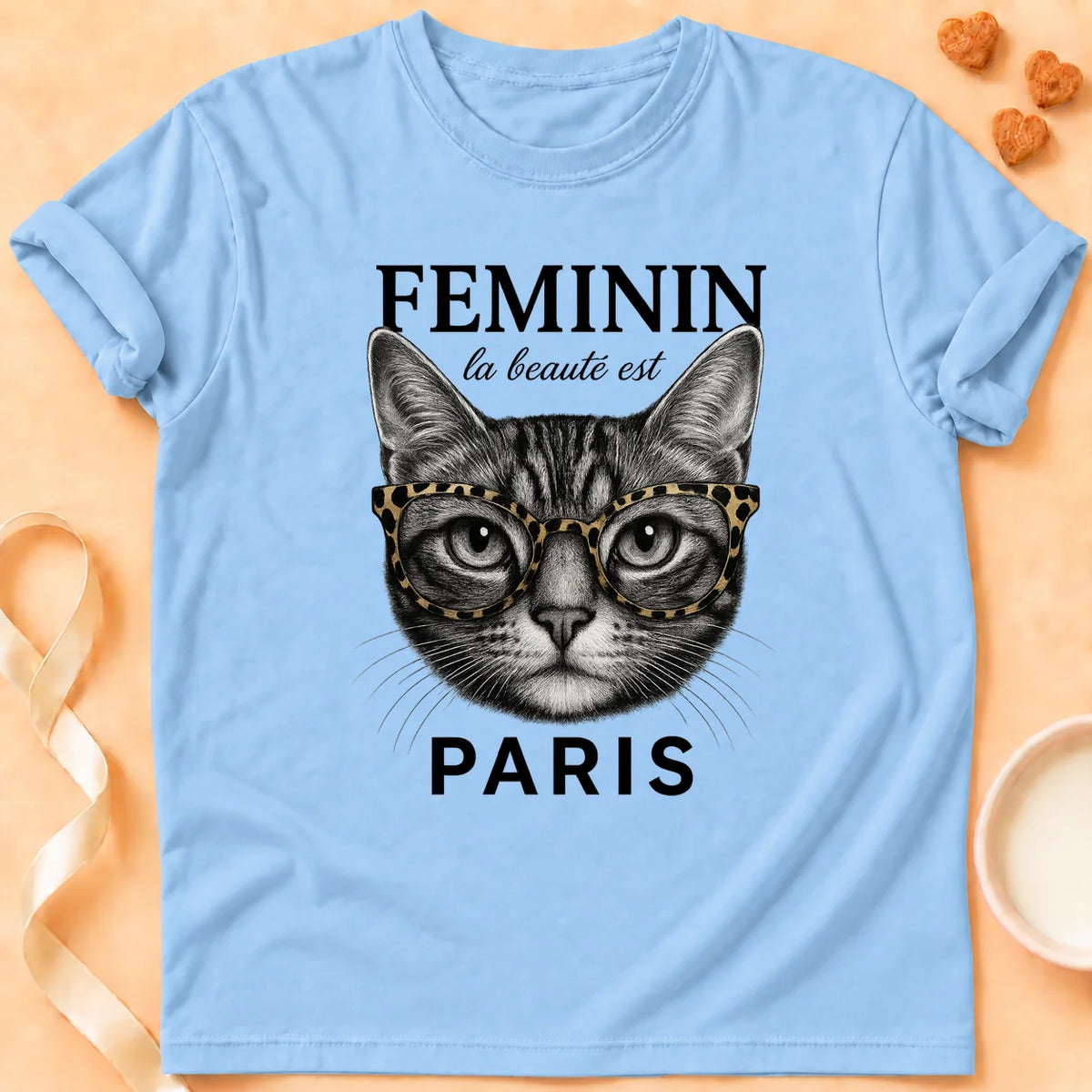 T-shirt chat Patoume – T-Shirt Feminin – Bleu ciel