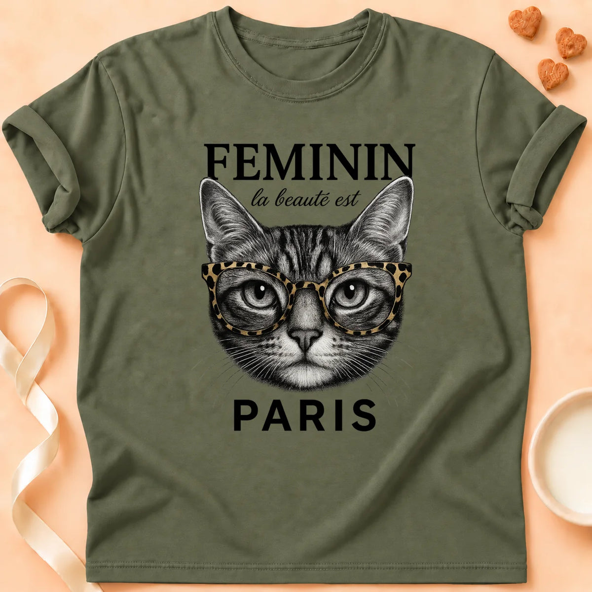 T-shirt chat Patoume – T-Shirt Feminin – Vert kaki