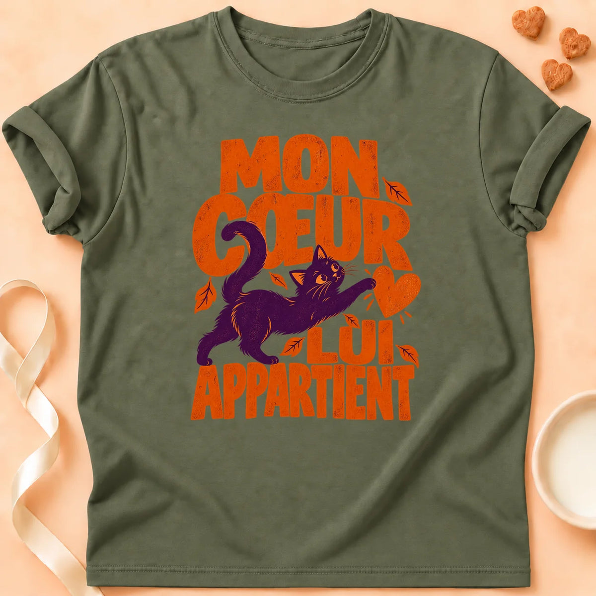 T-shirt chat Patoume – T-shirt Mon coeur lui appartient – Vert kaki