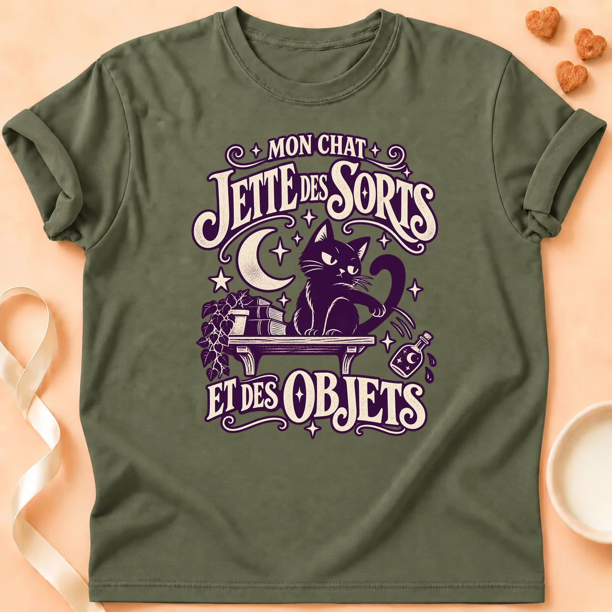 T-shirt chat Patoume – T-shirt Sorts – Vert kaki