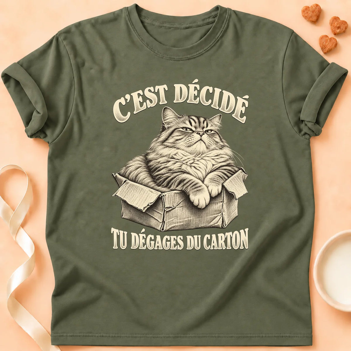 T-shirt chat Patoume – T-shirt Chat carton – Vert kaki