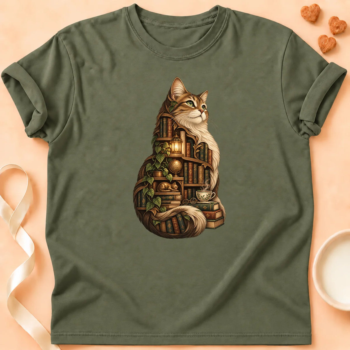 T-shirt chat Patoume – T-shirt Chat Lecteur – Vert kaki