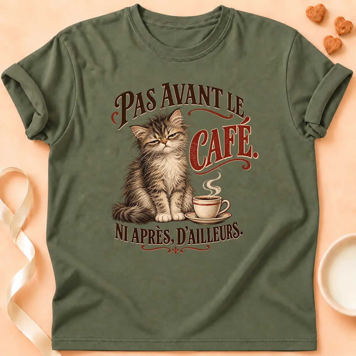T-shirt chat Patoume – T-shirt Pas avant le café – Vert kaki