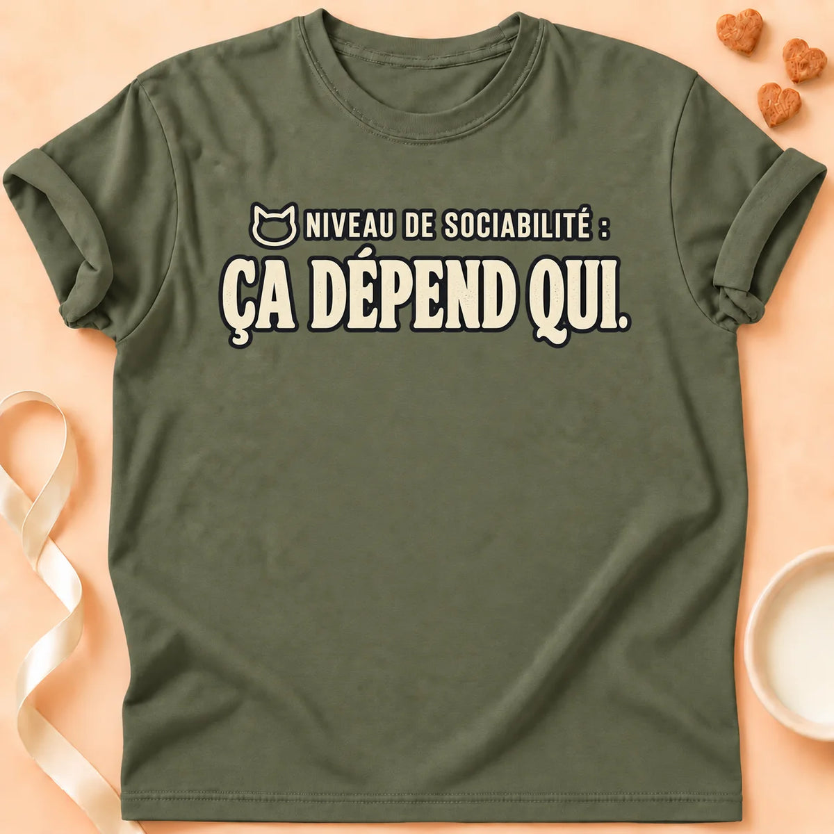 T-shirt chat Patoume – T-shirt Niveau de sociabilité – Vert kaki