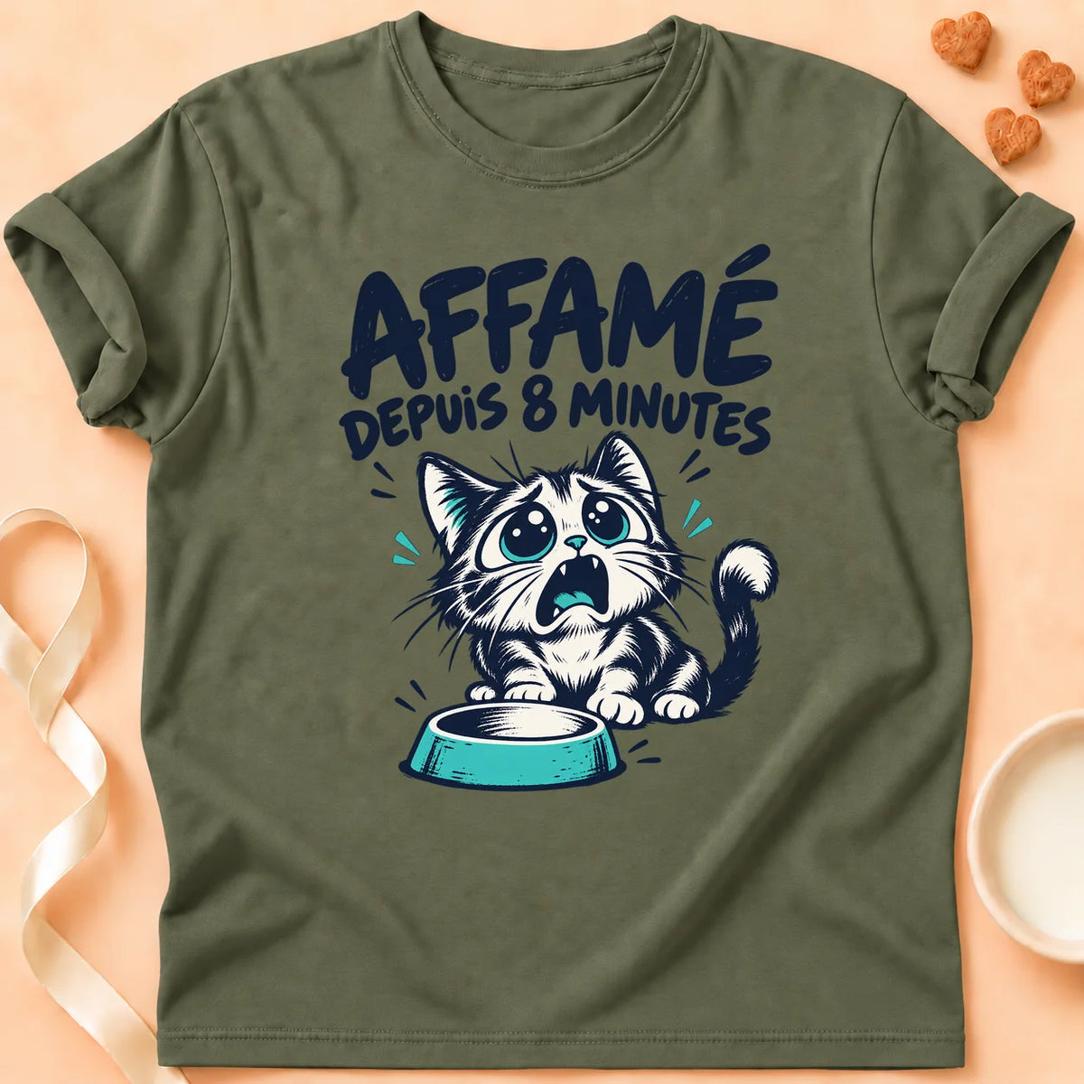 T-shirt chat Patoume – T-shirt Affamé oui – Vert kaki
