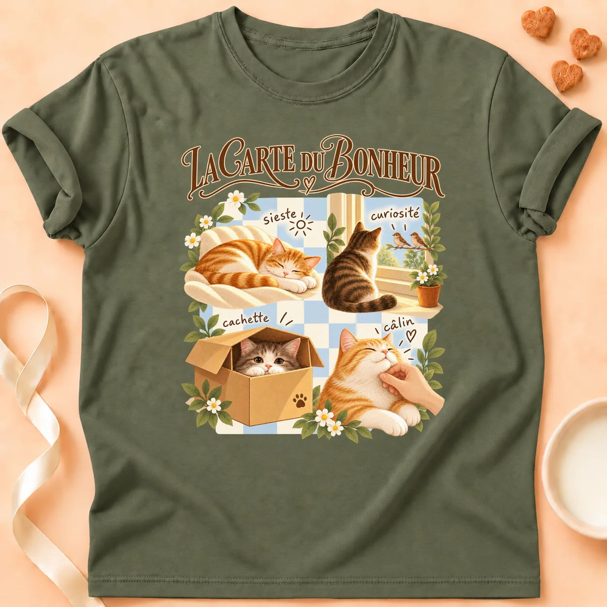 T-shirt chat Patoume – T-shirt La carte du bonheur – Vert kaki