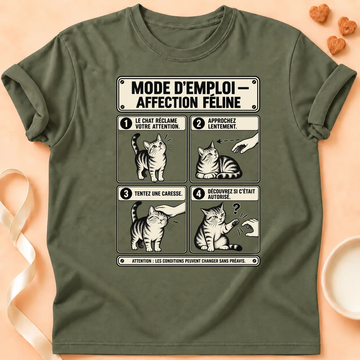 T-shirt chat Patoume – T-shirt Mode d’emploi – Vert kaki