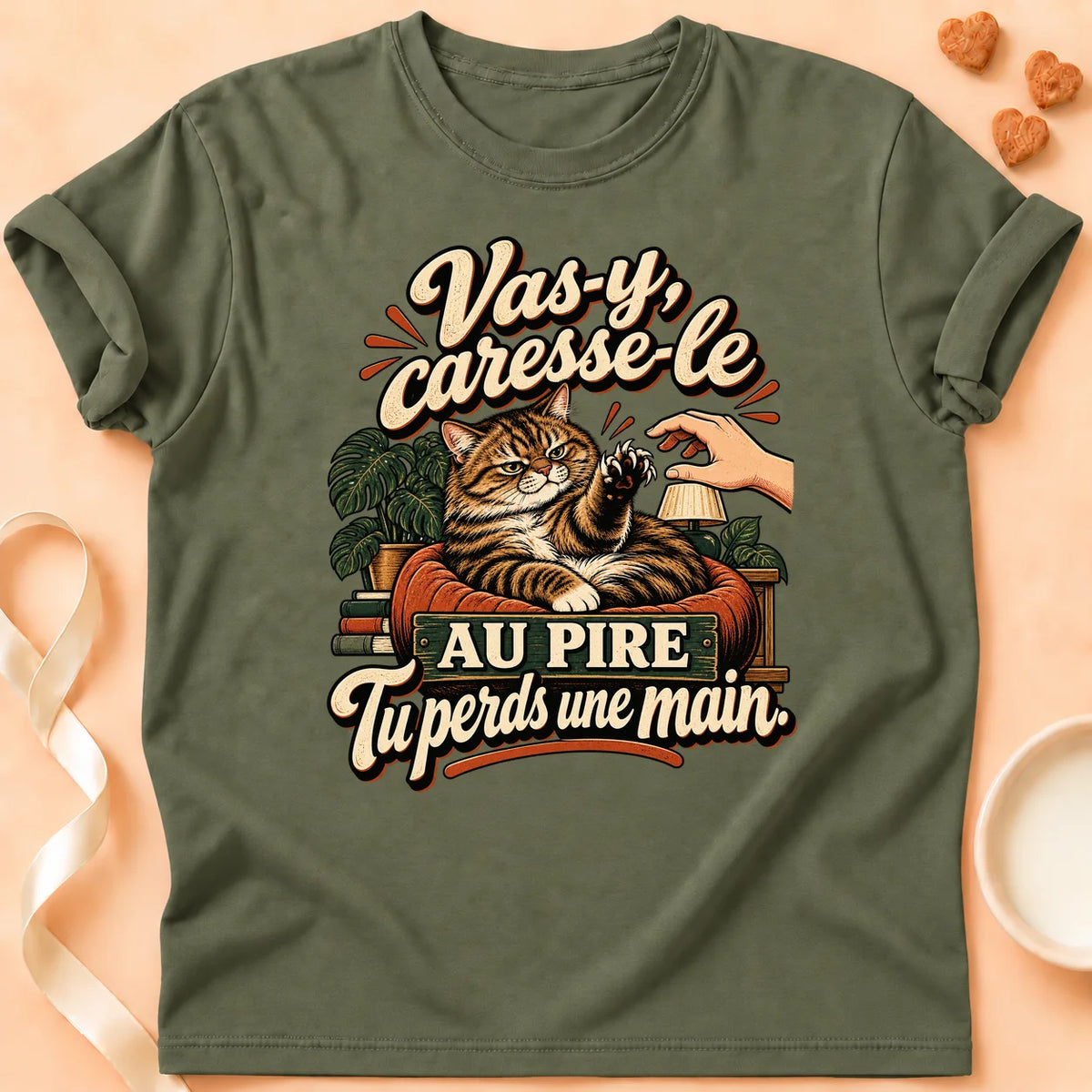 T-shirt chat Patoume – T-shirt Caresse le – Vert kaki