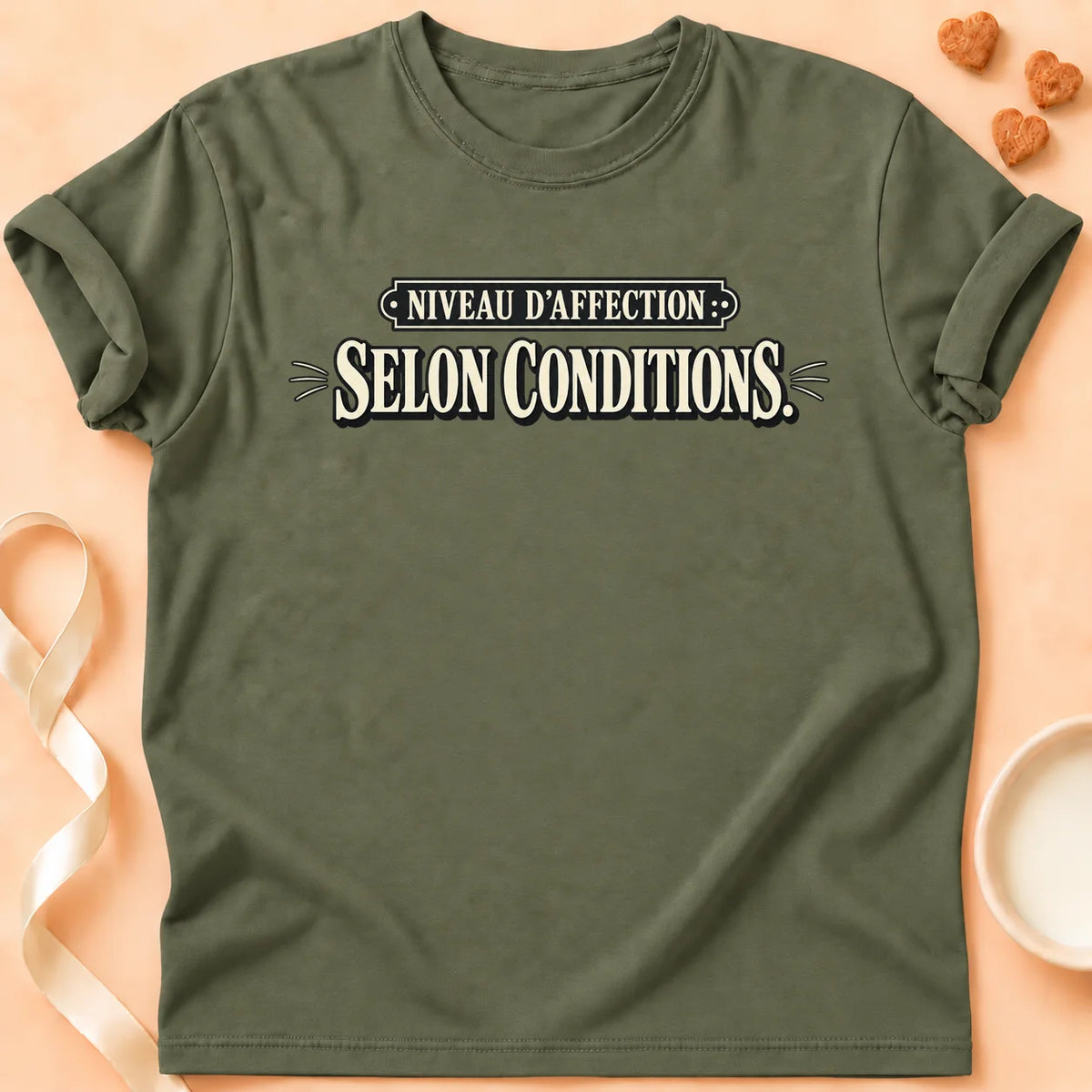 T-shirt chat Patoume – T-shirt Niveau d’affection – Vert kaki
