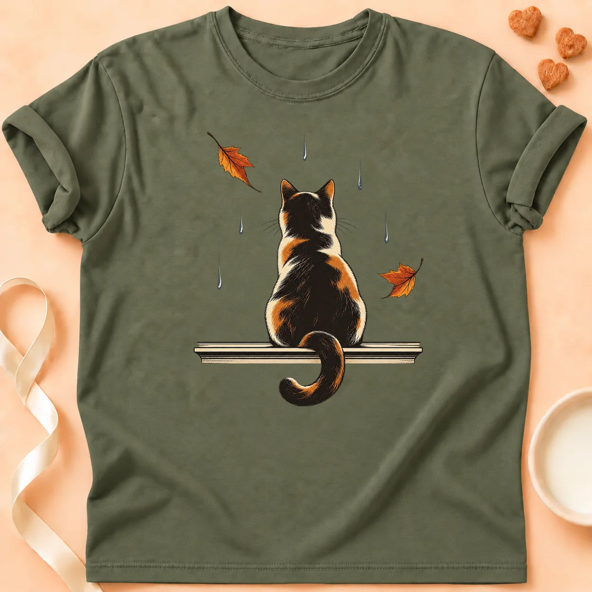 T-shirt chat Patoume – T-shirt Fenêtre pluie – Vert kaki