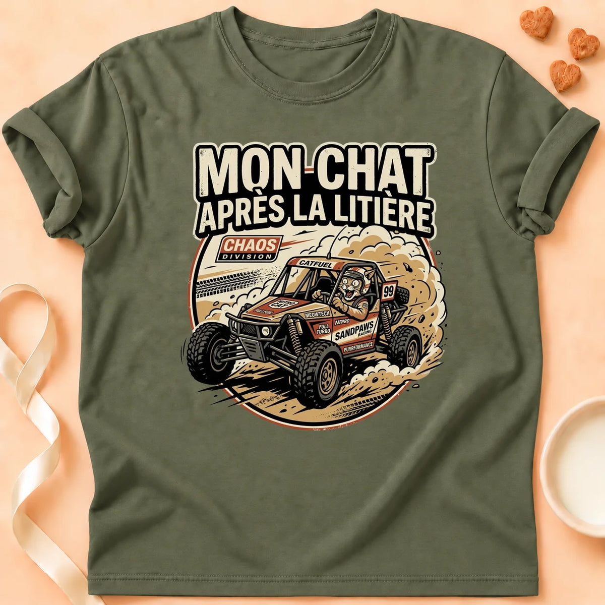 T-shirt chat Patoume – T-Shirt Racing – Vert kaki