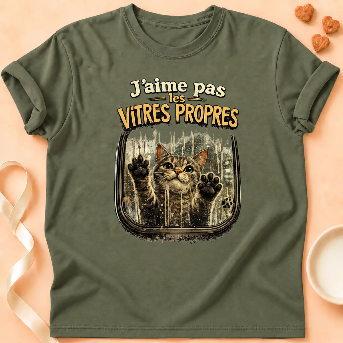 T-shirt chat Patoume – T-shirt « J’aime pas les vitres propres » – Vert kaki
