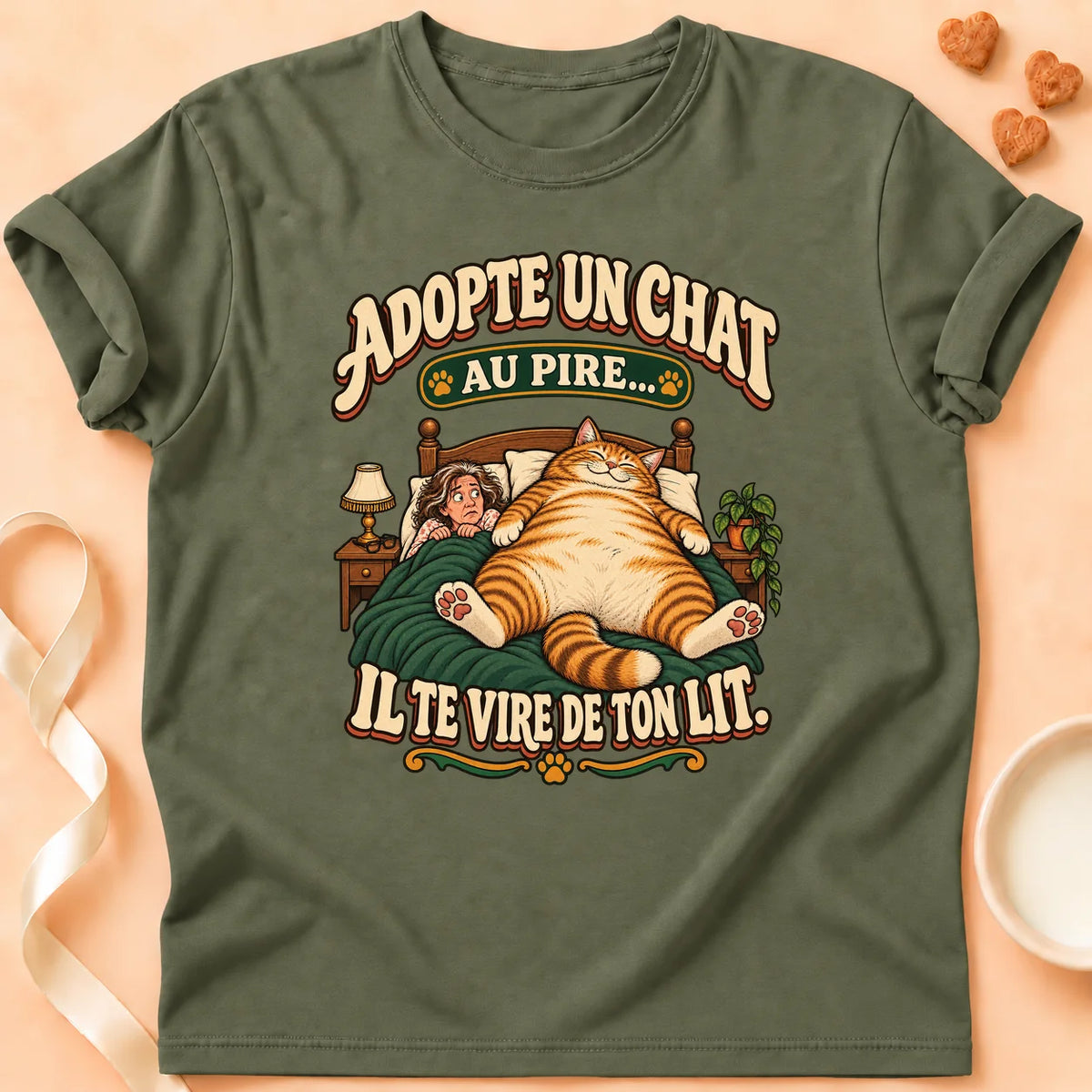 T-shirt chat Patoume – T-shirt Adopte un Chat – Vert kaki