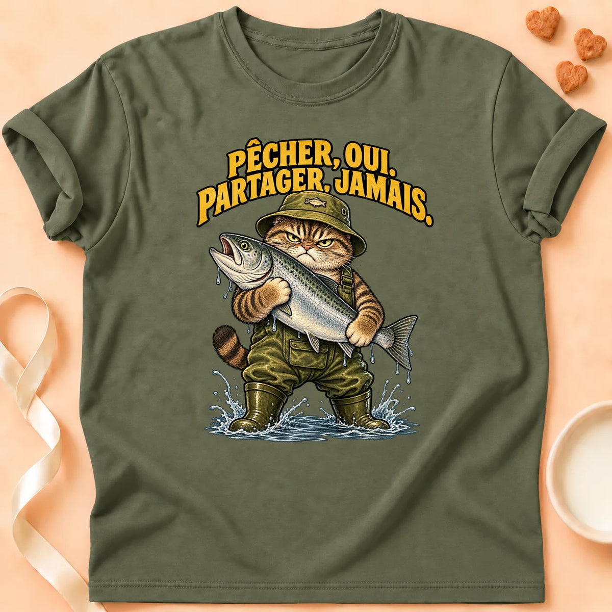 T-shirt chat Patoume – T-shirt Ne partage jamais – Vert kaki