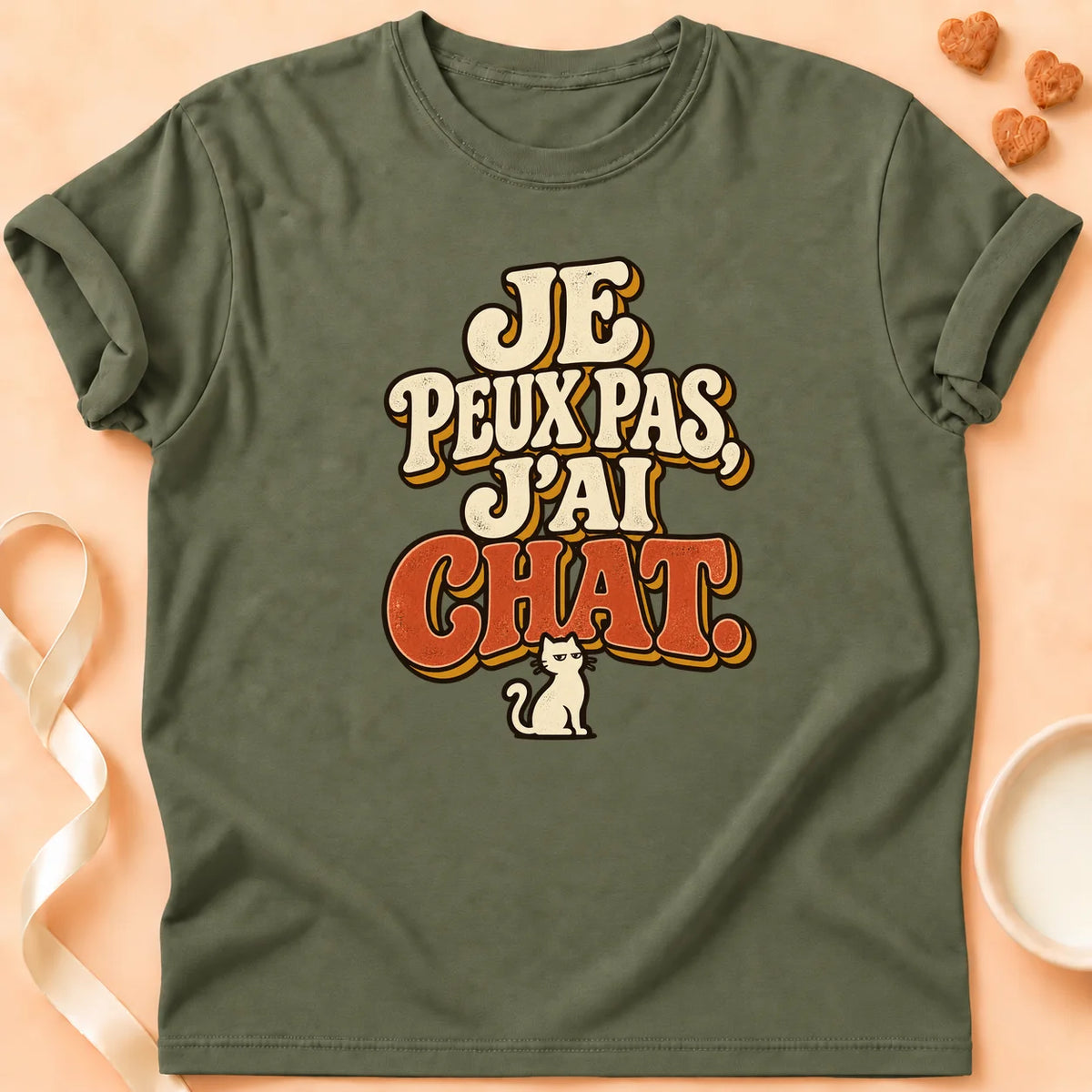 T-shirt chat Patoume – T-shirt Je peux pas j'ai chat – Vert kaki
