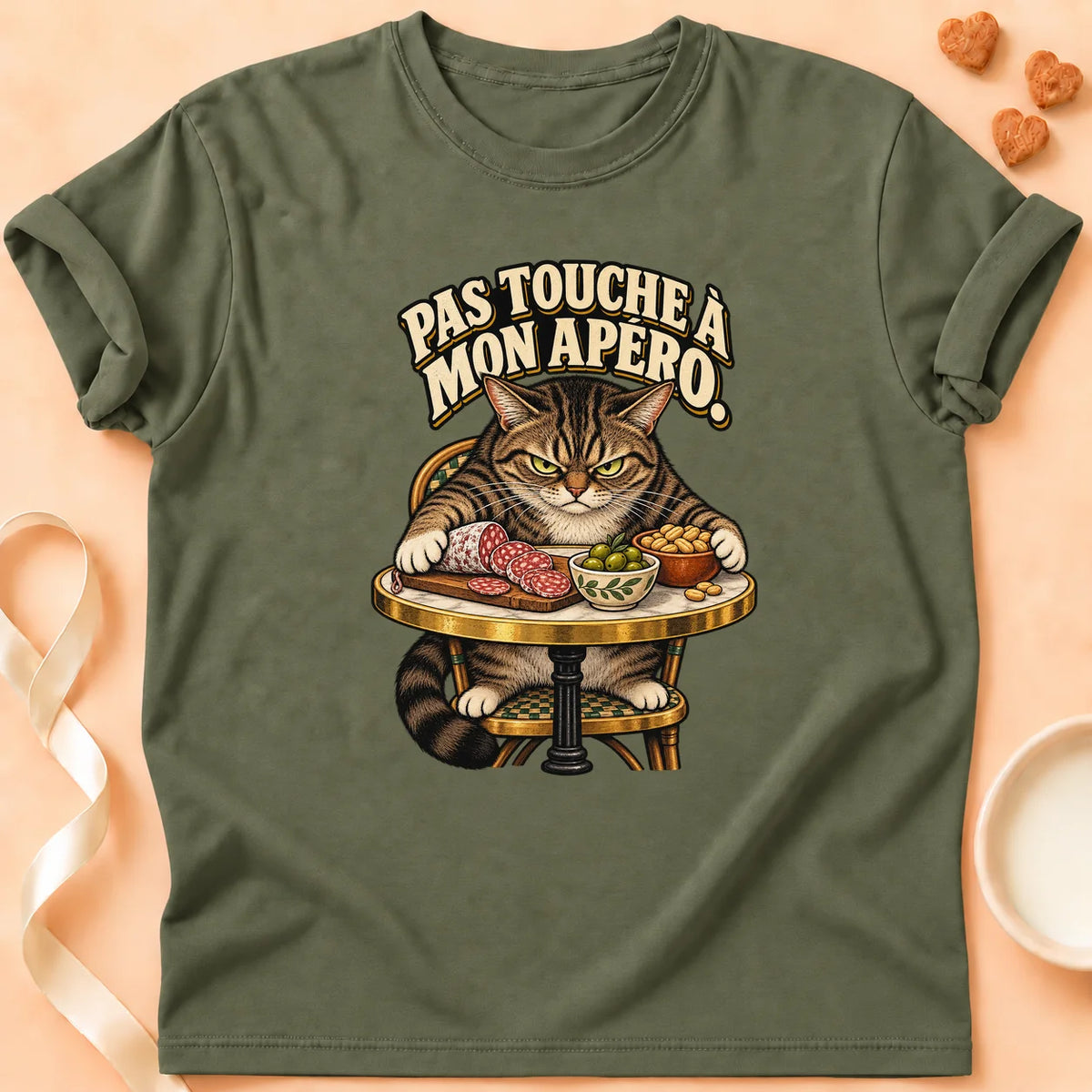 T-shirt chat Patoume – T-shirt Pas touche à mon apéro – Vert kaki