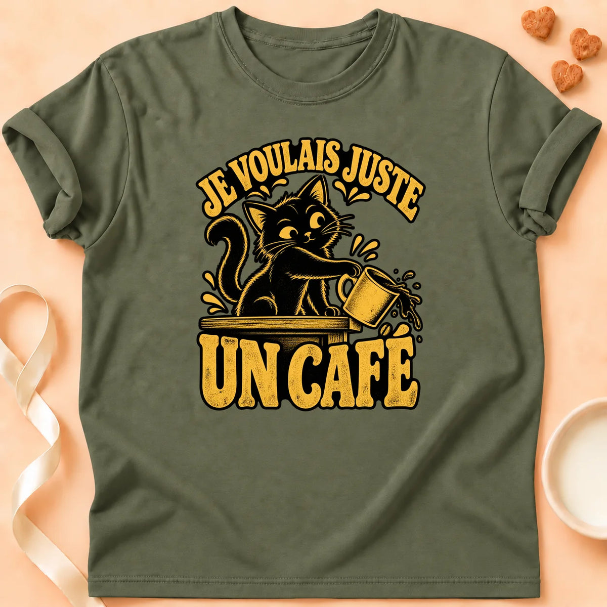 T-shirt chat Patoume – T-shirt Juste un café – Vert kaki