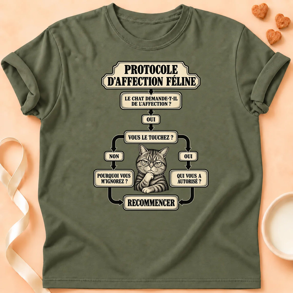 T-shirt chat Patoume – T-shirt Protocole d’affection – Vert kaki