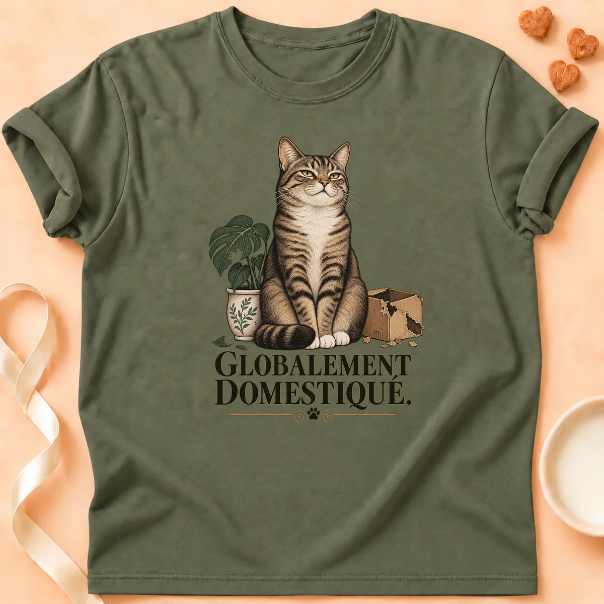 T-shirt chat Patoume – T-shirt Globalement domestiqué – Vert kaki