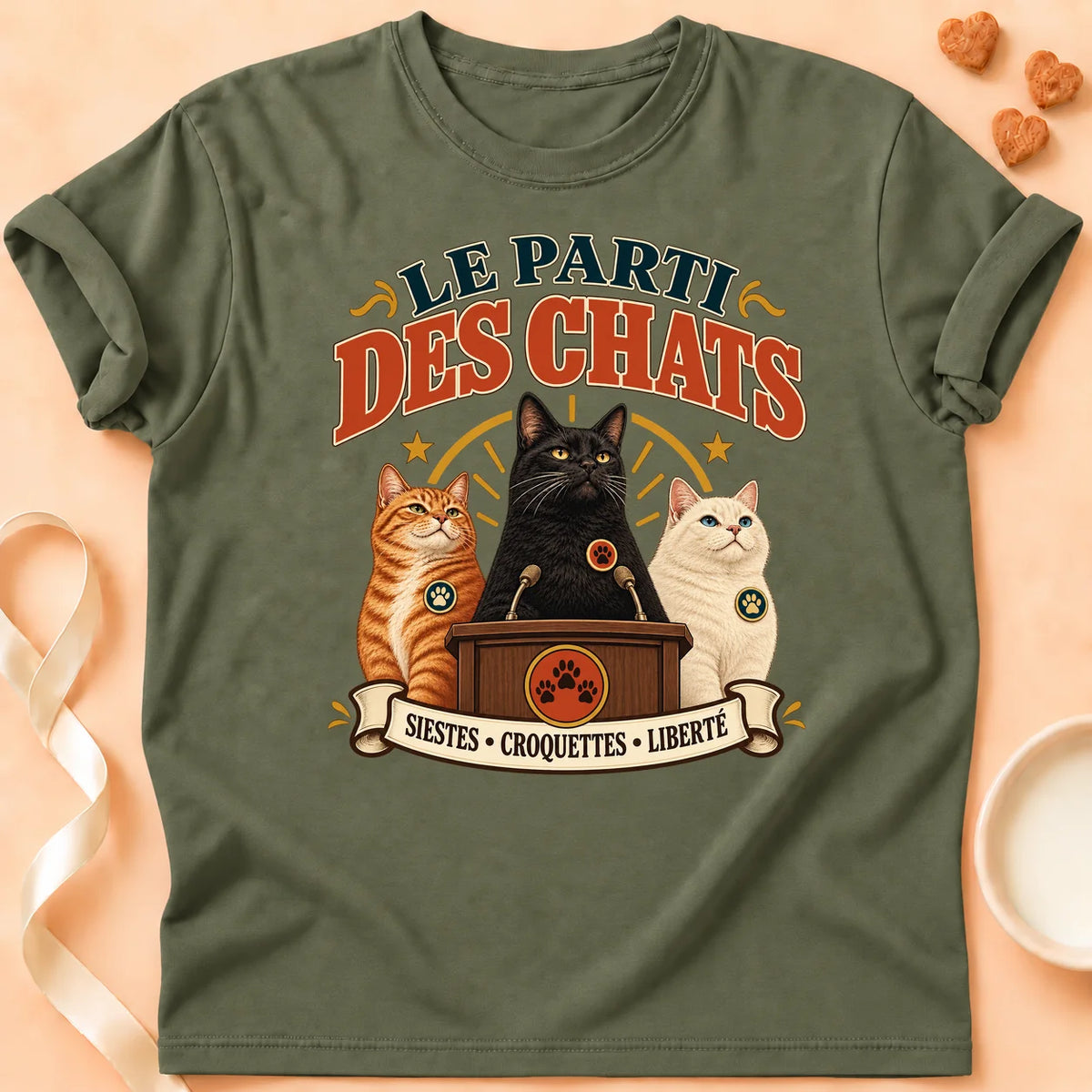 T-shirt chat Patoume – T-shirt Parti des chats – Vert kaki