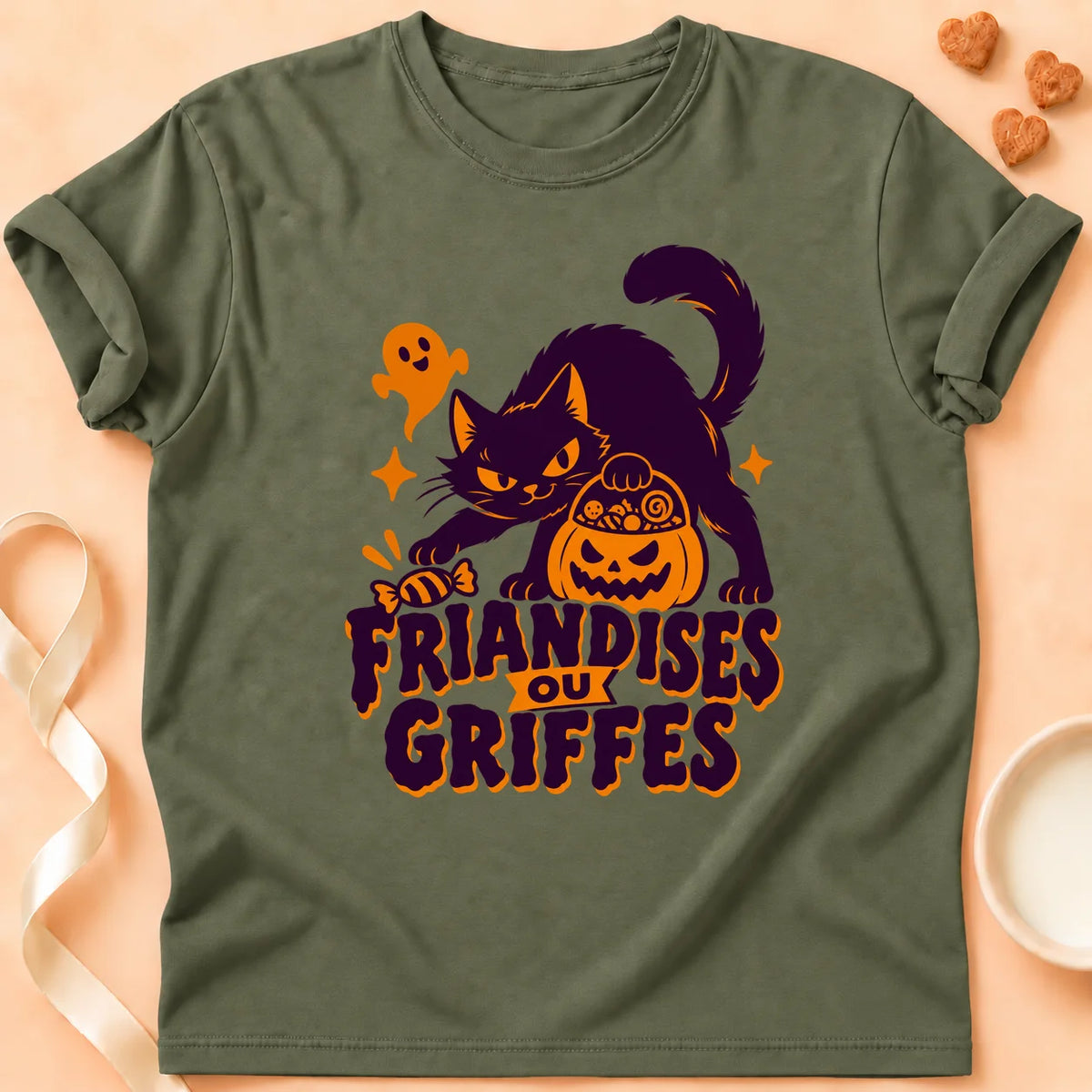T-shirt chat Patoume – T-shirt Friandises ou griffes – Vert kaki