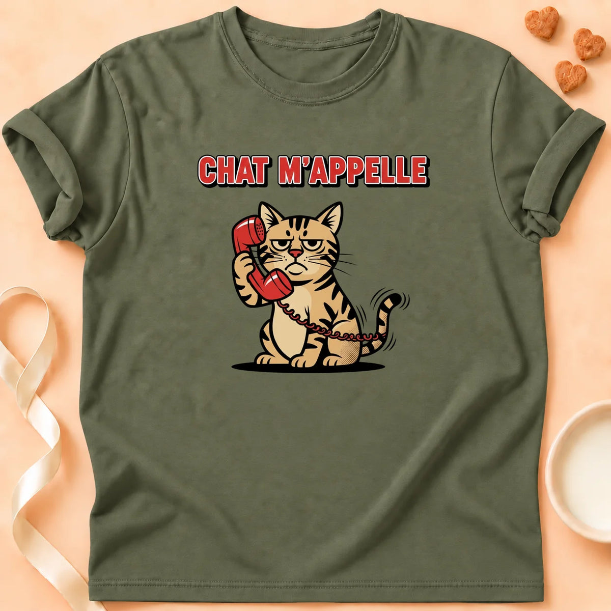 T-shirt chat Patoume – T-Shirt Appel – Vert kaki